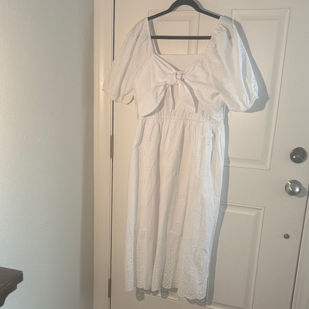 White Eyelet Tie-Front Midi Dress